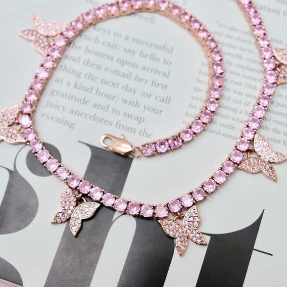 CZ Pink Tennis Chain Baby Butterfly Charmed Choker - Picture 5 of 8